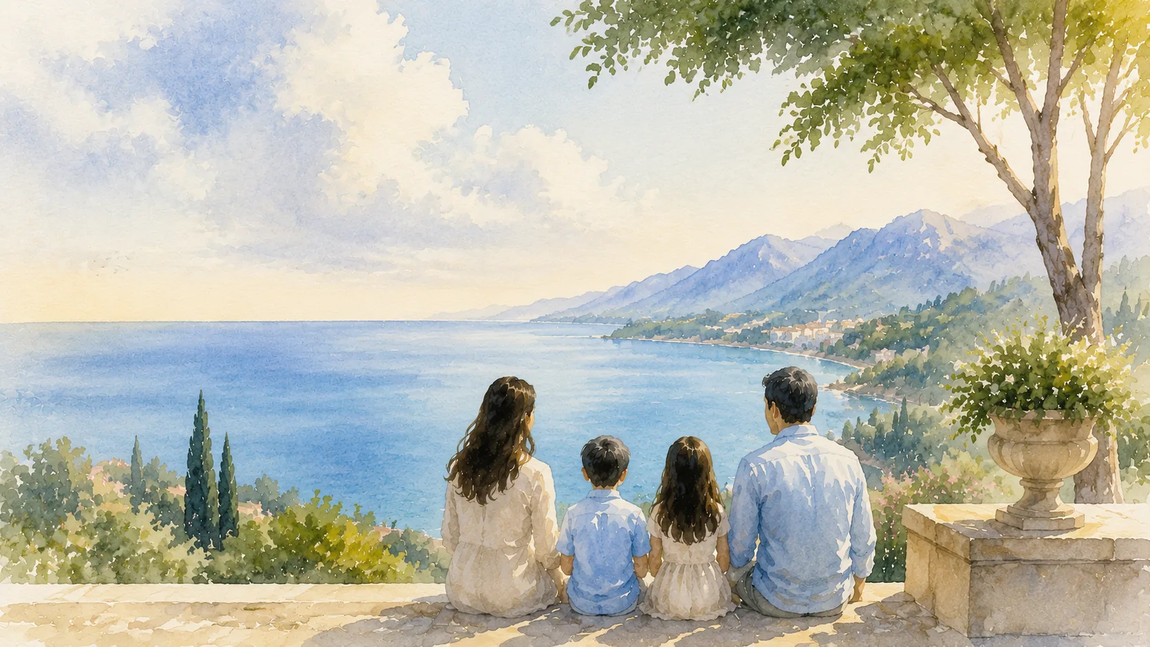 A family looking out over the sea